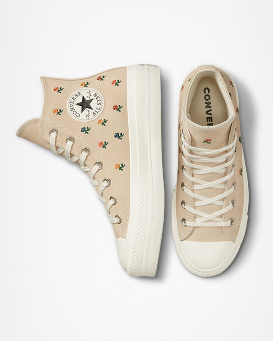 Pantofi Platforma Dama Converse Chuck Taylor All Star Lift Embroidered Roses Inalti Bej | RO LYTKJ947